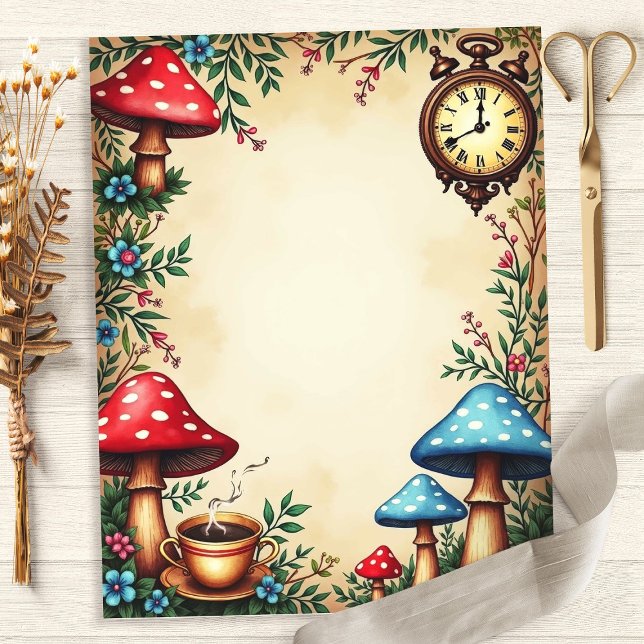 Alice Mushrooms Teacup Clock Scrapbook Paper (Von Creator hochgeladen)