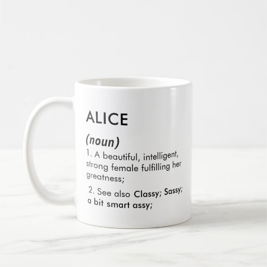 Alice Name, Bearbeitbarer Name, Benutzerdefinierte Kaffeetasse (Links)