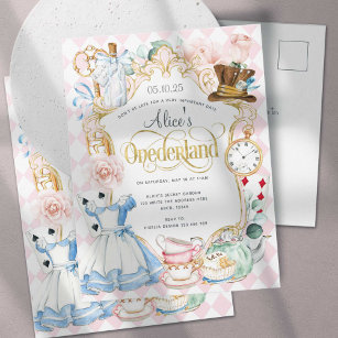 Alice Onederland Tee Party Mädchen 1. Geburtstag I Einladungspostkarte