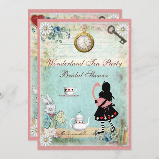 Alice & Pink Flamingo Brautparty Tee Party Einladung (Vorne/Hinten)