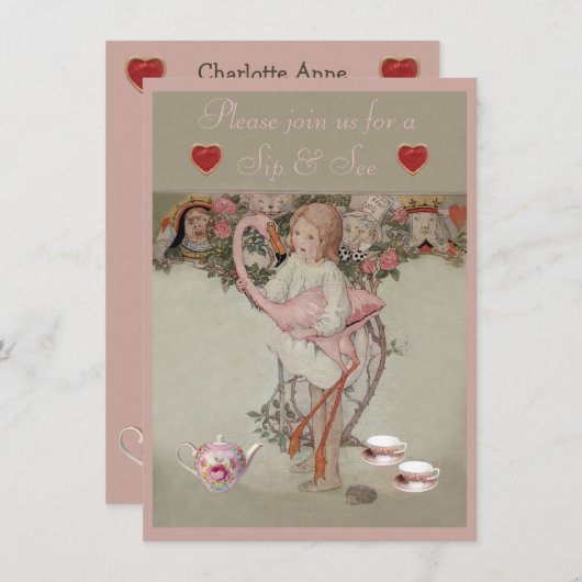 Alice & Pink Flamingo Sip & See Babydusche Einladung (Vorne/Hinten)