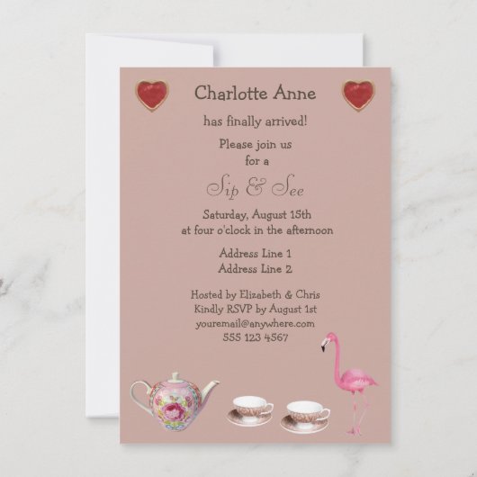 Alice & Pink Flamingo Sip & See Babydusche Einladung (Rückseite)