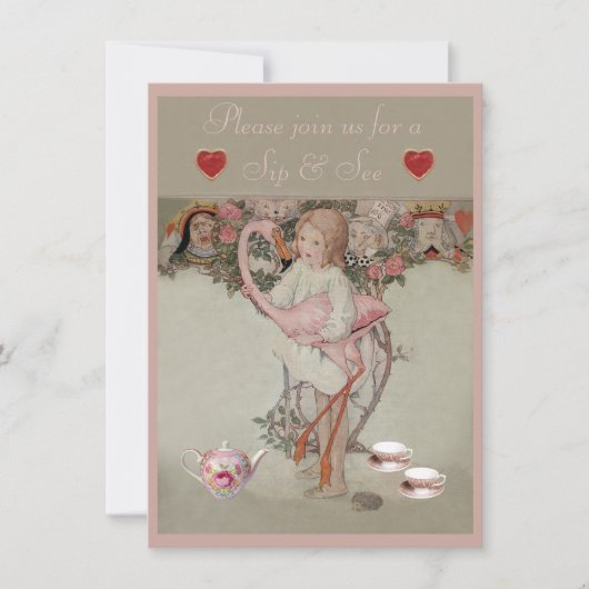 Alice & Pink Flamingo Sip & See Babydusche Einladung (Vorderseite)