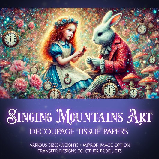 Alice Rabbit Floral Clock Fantasy Decoupage Seidenpapier