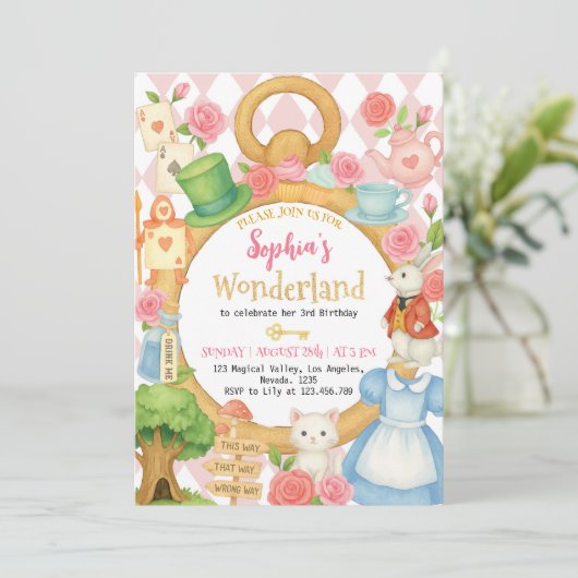 Alice Tea Party Wonderland Einladung zum Geburtsta (Stehend Vorderseite)