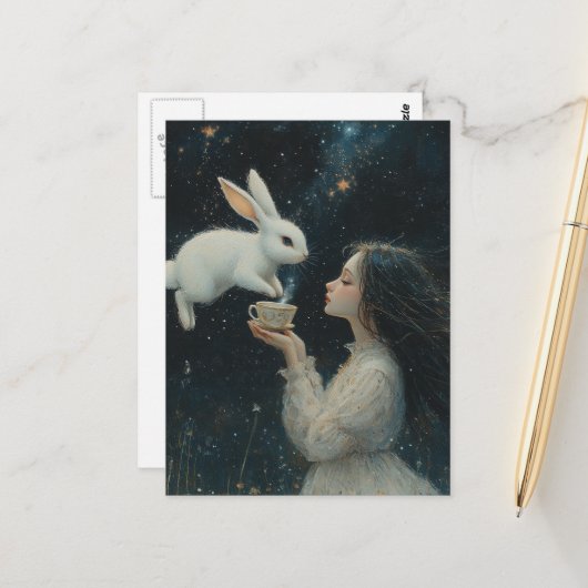 Alice Tea With the Rabbit Fantasy Postkarte (Vorderseite/Rückseite Beispiel)