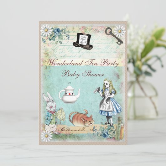 Alice & the Cheshire Cat Wonderland Baby Shooter Einladung (Stehend Vorderseite)