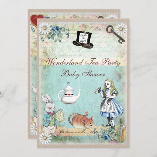 Alice & the Cheshire Cat Wonderland Baby Shooter Einladung (Vorne/Hinten)