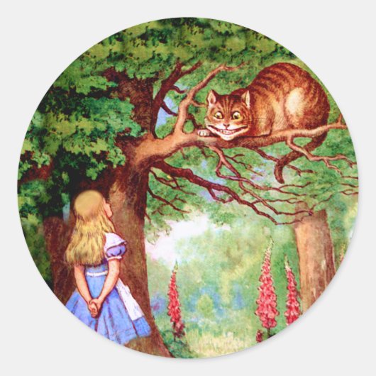 Alice trifft die Cheshire-Katze in Wonderland Runder Aufkleber (Vorderseite)