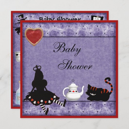 Alice- u. Cheshire-Katzen-Baby-Duschen-Tee-Party Einladung (Vorne/Hinten)