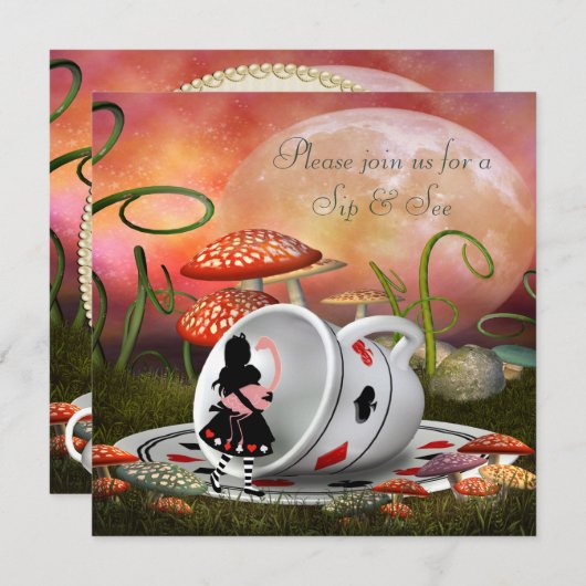 Alice- u. Flamingo-Schlückchen u. sehen Babyparty Einladung (Vorne/Hinten)