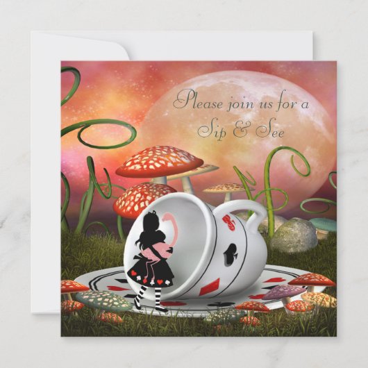 Alice- u. Flamingo-Schlückchen u. sehen Babyparty Einladung (Vorderseite)