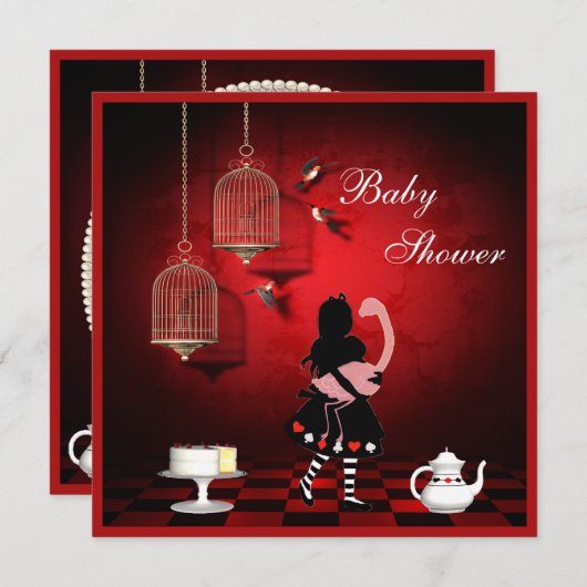 Alice- u. Flamingo-Vögel u. Käfig-Babyparty Einladung (Vorne/Hinten)