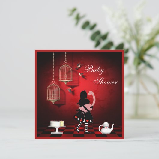 Alice- u. Flamingo-Vögel u. Käfig-Babyparty Einladung (Stehend Vorderseite)