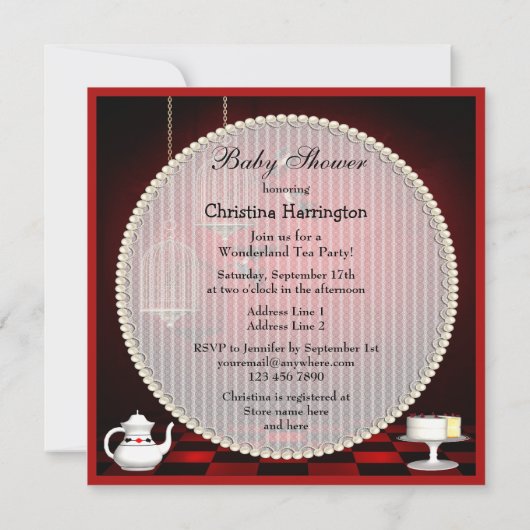 Alice- u. Flamingo-Vögel u. Käfig-Babyparty Einladung (Rückseite)