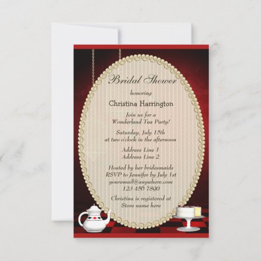 Alice- u. Flamingo-Vögel u. Käfig-Brautparty Einladung (Rückseite)