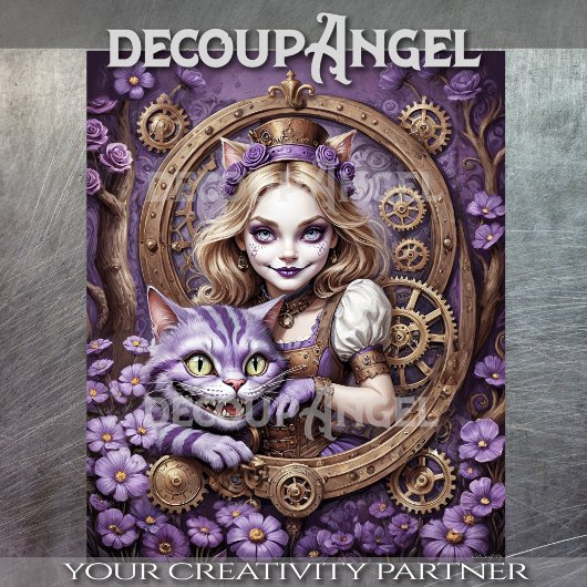 Alice und Cheshire Cat im Lila Steampunk-Stil Seidenpapier