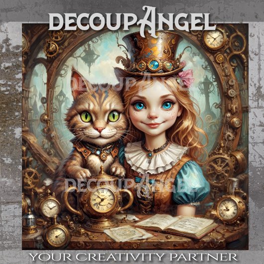 Alice und Cheshire Cat in Steampunk-Land-Dekoupage Seidenpapier