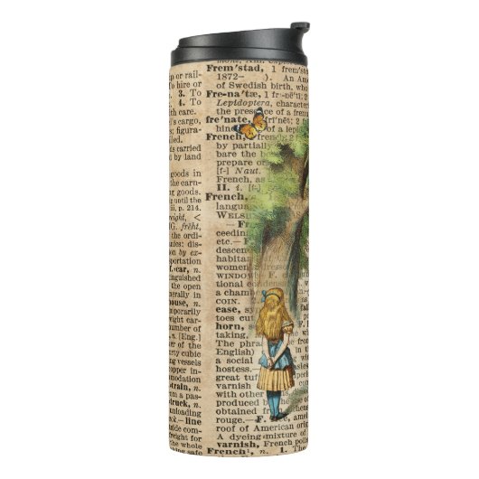 Alice- und Cheshire-Katzen-Zitat-Wörterbuch-Kunst Thermosbecher (Nach links gedreht)