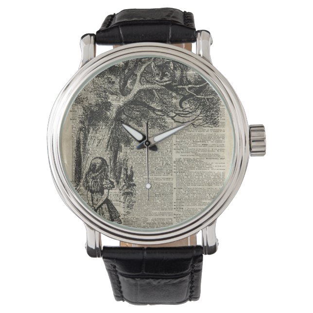 Alice und Cheshire Kunst auf der Alten Buchseite Armbanduhr (Vorderseite)