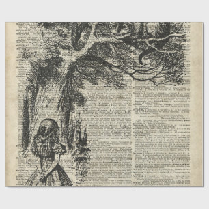 Alice und Cheshire-Schablonen-Kunst auf alter Buch Geschenkpapier
