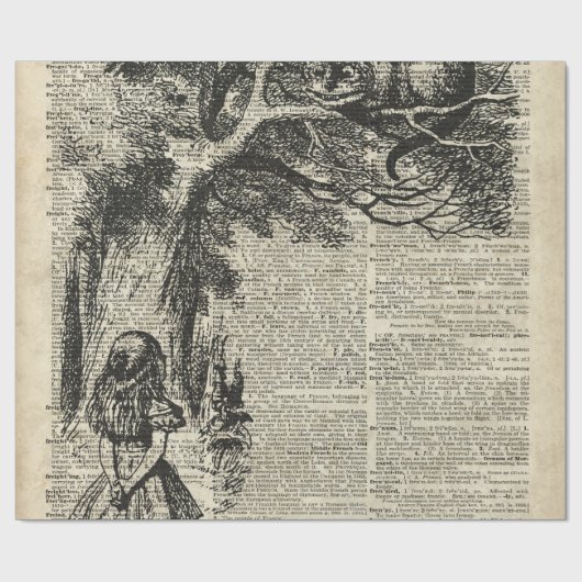 Alice- und Cheshire-Schablonen-Kunst auf altes Geschenkpapier (Flach)
