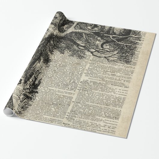 Alice- und Cheshire-Schablonen-Kunst auf altes Geschenkpapier (Ungerollt)