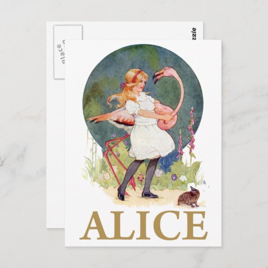 ALICE UND DAS PINK FLAMINGO SPIELEN CROQUET POSTKARTE (Vorne/Hinten)