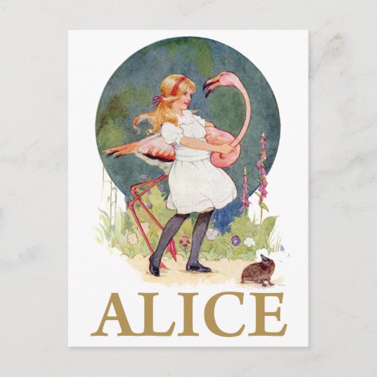 ALICE UND DAS PINK FLAMINGO SPIELEN CROQUET POSTKARTE (Vorderseite)