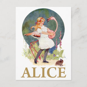 ALICE UND DER ROSA FLAMINGO SPIELEN CROQUET POSTKARTE