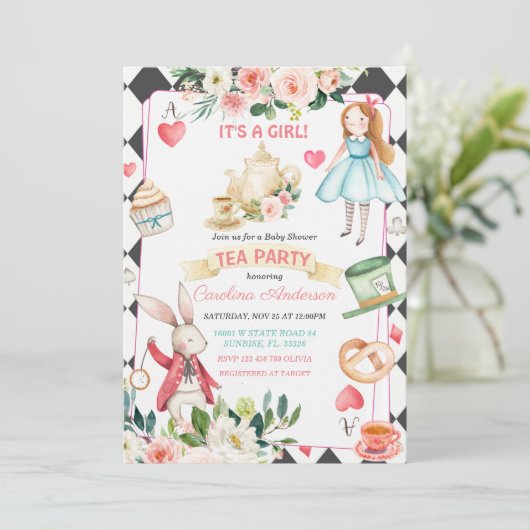 Alice und Rabbit Tea Party Babydusche Einladung (Stehend Vorderseite)