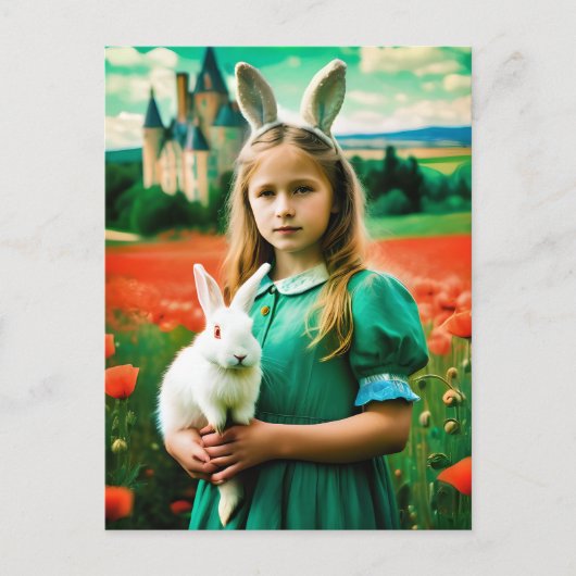 Alice und Weißes Kaninchen in Mohnfeldern von Oz Postkarte (Vorderseite)