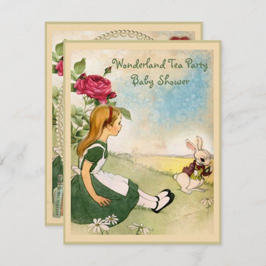 Alice & White Rabbit Wonderland Babydusche Einladung (Vorne/Hinten)