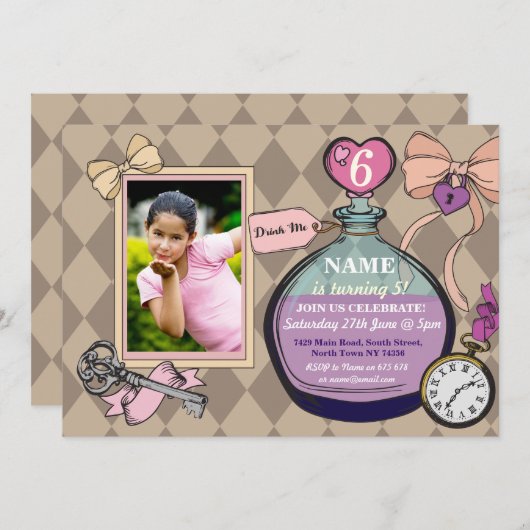 Alice Wonderland Birthday Foto Einladung (Vorne/Hinten)