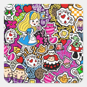 Alice Wonderland Mad Hatter Cat Doodle Art von Lea Quadratischer Aufkleber