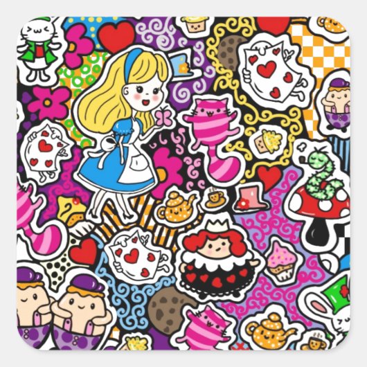 Alice Wonderland Mad Hatter Cat Doodle Art von Lea Quadratischer Aufkleber (Vorderseite)