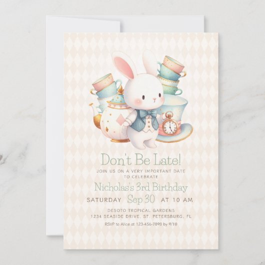 Alice Wonderland White Kanbit Birthday Einladung (Vorderseite)