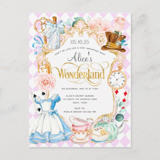 Alice Wunderland Tee Party Geburtstag einladen Einladungspostkarte (Vorderseite)
