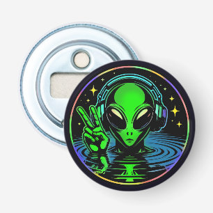 Alien auf Kopfhörern, die Friedenszeichen verleihe Flaschenöffner