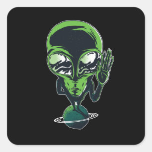 Alien auf seinem Zuhause Quadratischer Aufkleber