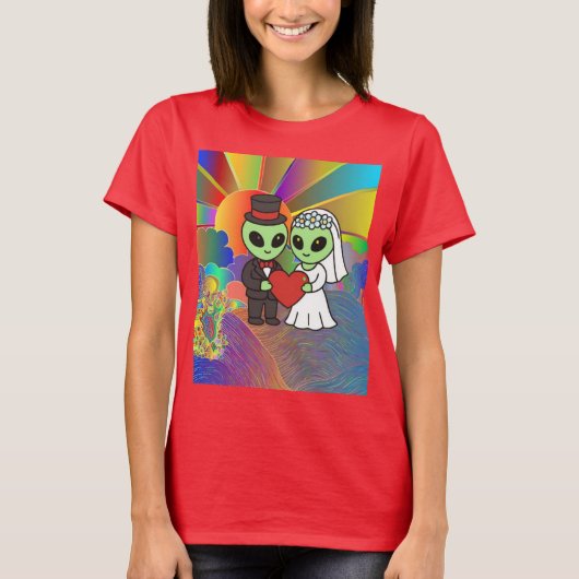 Alien Bride and Groom Retro Neon Galactic Wedding  T-Shirt (Vorderseite)