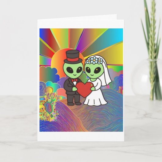 Alien Bride and Groom Wedding Retro Neon Dankeskarte (Vorderseite)