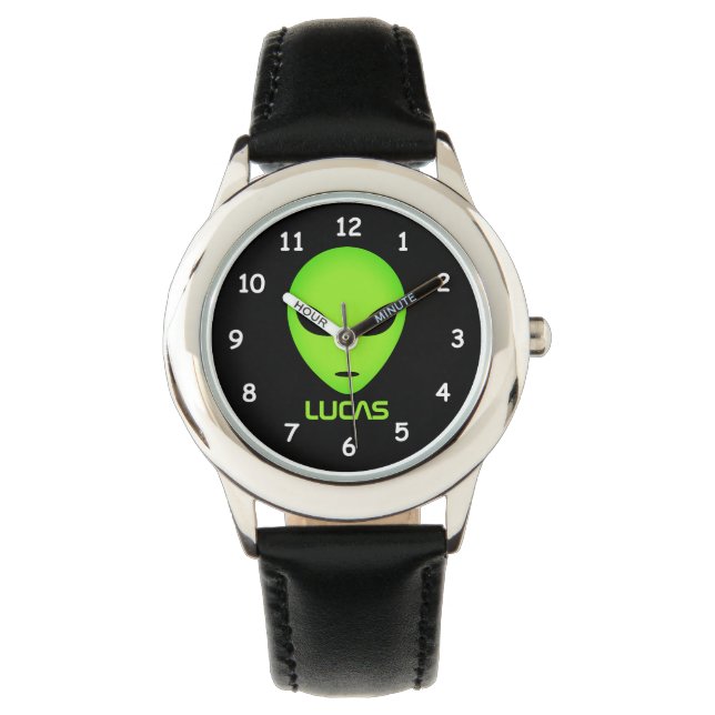 Alien Cartoon sehen personalisiert mit Kindernamen Armbanduhr (Vorderseite)