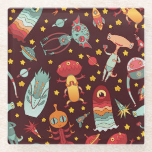 Alien Cartoon: Vintager Weltraumspass Glasuntersetzer
