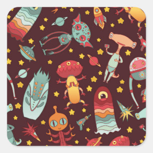 Alien Cartoon: Vintager Weltraumspass Quadratischer Aufkleber