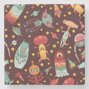 Alien Cartoon: Vintager Weltraumspass Steinuntersetzer