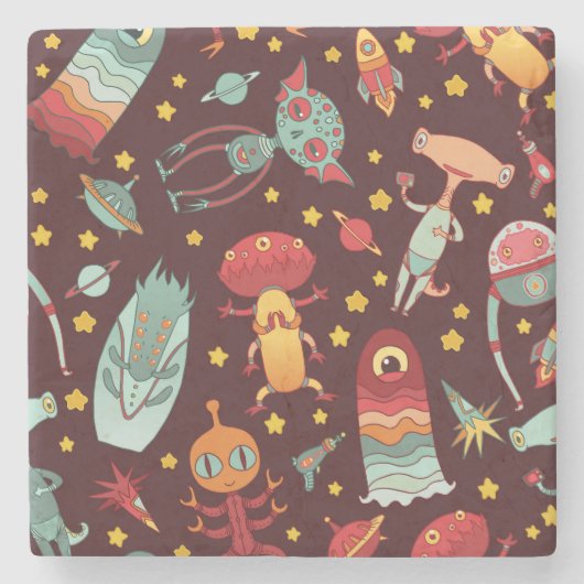 Alien Cartoon: Vintager Weltraumspass Steinuntersetzer (Vorderseite)