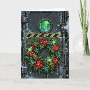 Alien-Christsternkranz an einem frostigen Sci-Fi-L Feiertagskarte