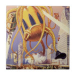 Alien der Vintagen Science Fiction Fliese<br><div class="desc">Vintage Illustration Außerirdischen und Roboter Science Fiction Bild mit einem großen futuristischen Alien Oktopus wie Monster einmarschieren in einer Stadt und sammeln einen Bus voller Menschen. Ein Retro-Sci-fi-Comic Buch-Design mit einem Geschöpf zerstört eine Metropole der Zukunft und die Menschen fallen aus dem Bus auf den städtischen Boden unten.</div>