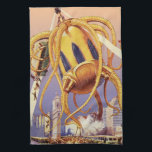 Alien der Vintagen Science Fiction Geschirrtuch<br><div class="desc">Vintage Illustration Außerirdischen und Roboter Science Fiction Bild mit einem großen futuristischen Alien Oktopus wie Monster einmarschieren in einer Stadt und sammeln einen Bus voller Menschen. Ein Retro-Sci-fi-Comic Buch-Design mit einem Geschöpf zerstört eine Metropole der Zukunft und die Menschen fallen aus dem Bus auf den städtischen Boden unten.</div>